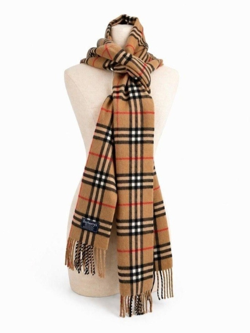 Burberry Beige Plaid Scarf with Black, White and Red Stripes
